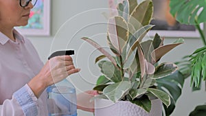 Woman spraying potted plants with water from a spray bottle