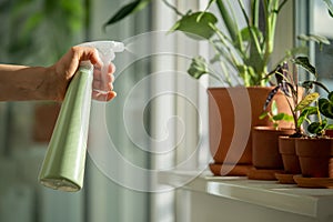 Woman sprays Alocasia plant in flower pot. Female hand spraying water on houseplant in clay pot.