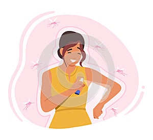 Woman Sprays Mosquito Repellent To Ward Off Insects, Keeping Them Safe From Bites And Potential Diseases, Illustration