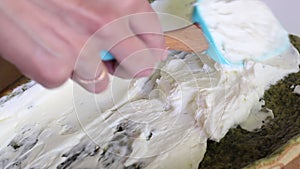 A woman spreads cream with biscuit cake with the addition of spinach and mint. The process of making Swiss roll. Close-up shot