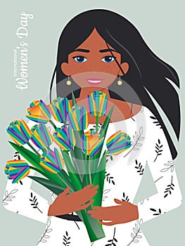 Happy women's day. Pretty woman with long flowing black hair holds rainbow tulips