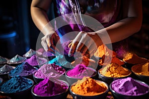 Woman Sprinkling Colored Powder into Bowls