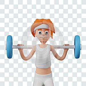 Woman squats with barbell on her shoulders. Vector character is exercising by lifting weights