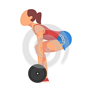 Woman Squatting with Barbell, Girl Doing Sports Firming her Body, Buttock Workout Vector Illustration on White