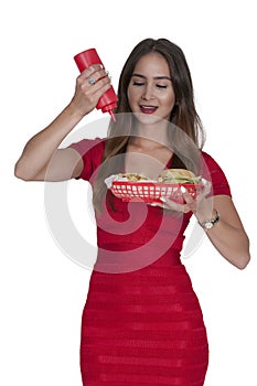 Woman Squeezing Catsup