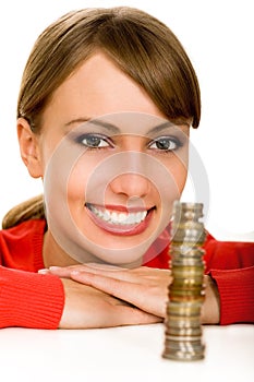 Woman with stack of coins