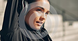 Woman on stairs for exercise, stretching with headphones in muscle workout and city morning body training. Urban fitness