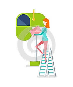 Woman on Stairs Putting Envelope in Mailbox Vector