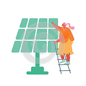 Woman Stand on Ladder near Solar Panel Isolated on White Background. People Using Sunlight for Producing Electric Energy