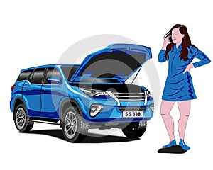 Woman stand near broken  auto. Call for help.  Vector illustration.