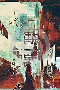 Woman standing against abstract achitecture with grunge texture photo