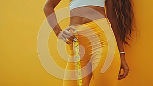 A woman is standing against a vibrant yellow background, measuring her waist with a tape measure