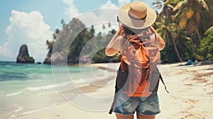 Woman Standing on Beach With Backpack