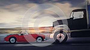 Woman standing behind the steering wheel of a red car before getting into a road accident with a big truck. Scared and stressed