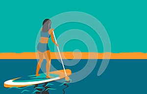 Woman standing on Board with a Paddle. Standup paddleboarding SUP. Sports Girl at sea, ocean. Stand up paddle surfing. Summer