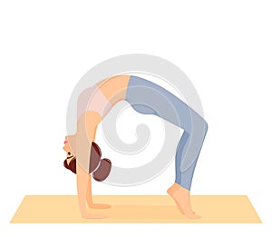 Woman standing in bridge pose. Girl doing pilates, yoga exercises on mat. Workout, vector illustration