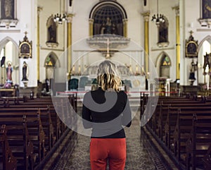 Woman Standing Church Religion Concept