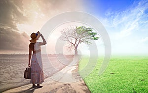 Woman standing between climate worsened with good atmosphere