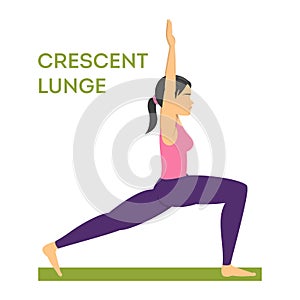 Woman standing in crescent lunge yoga pose. Female