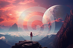 Woman standing on the edge of a cliff with a view of the planet Earth, woman standing on top of a mountain looking at a distant