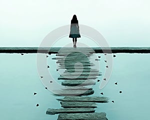 Woman Standing at the Edge of a Stone Pathway Over Reflective Water photo