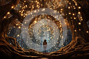 Woman standing in a fairy forest with big tree and lights. Mixed media, AI Generated
