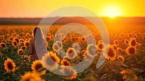 A woman standing in a field of sunflowers at sunset, AI