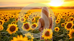 A woman standing in a field of sunflowers at sunset, AI