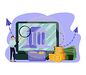 Woman standing in front of computer with bank building on screen. Concept of e-banking, online