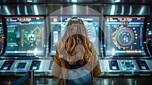 Woman Standing in Front of Monitors