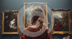 Woman Standing in Front of Paintings