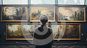 Woman Standing in Front of Paintings