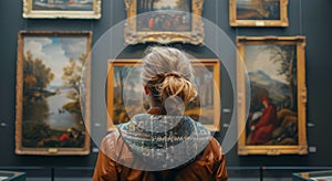 Woman Standing in Front of Paintings