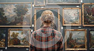 Woman Standing in Front of Paintings