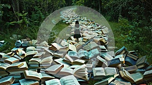 Woman Standing in Front of Pile of Books