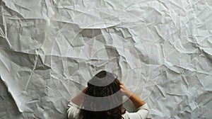 Woman Standing in Front of White Sheet of Paper