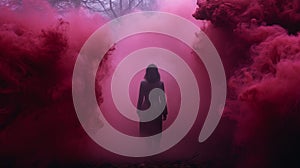 Woman Standing In Fuchsia Fog - Dark, Moody Landscape Horror Film