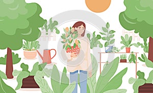 Woman standing in garden and holding a pot with lemon tree vector flat illustration. Farmgirl gardening.