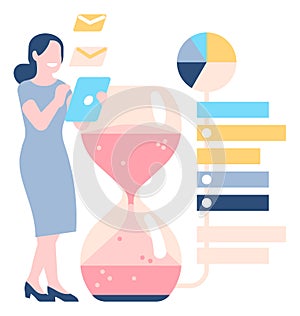 Woman standing beside giant hourglass. Person sending email instead of work. Wasting time concept