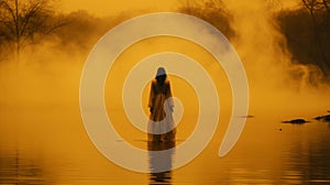 Woman Standing In Gold Fog A Tenebrism-inspired Poetic Intimacy