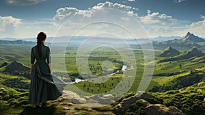 Woman Standing In Green Valley: A Romantic Riverscape In Prairiecore Style