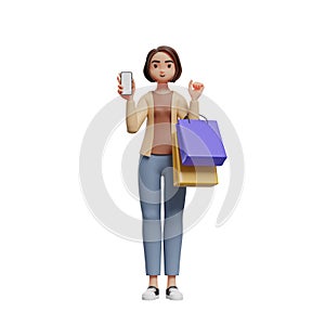 woman standing holding shopping bags and suggesting shopping with mobile application