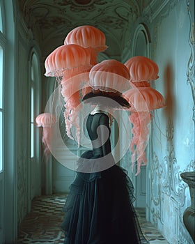 Woman standing in a lavishly decorated room with jellyfish suspended above her, AI-generated.