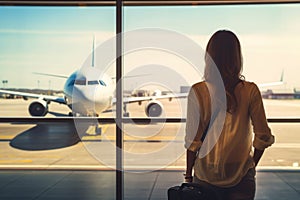 Woman standing at lounge with luggage watching at airport window while waiting at boarding gate before departure. AI