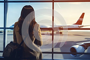 Woman standing at lounge with luggage watching at airport window while waiting at boarding gate before departure. AI