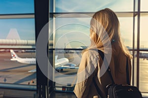 Woman standing at lounge with luggage watching at airport window while waiting at boarding gate before departure. AI