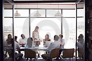 Woman standing at a meeting in a business boardroom