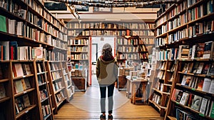 Woman Standing in Middle of Library