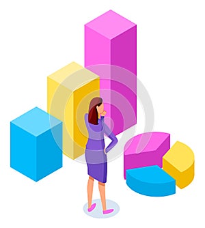 Woman standing near diagram consisting of vertical color rectangular bar and pie chart vector