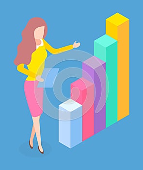 Woman standing near diagram consisting of vertical color rectangular bar ,vector illustration